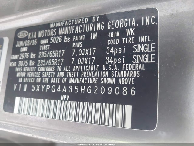 Aukcja sprzedaży 2017 Kia Sorento 2.4l Lx, vin: 5XYPG4A35HG209086, numer aukcji: 43792632