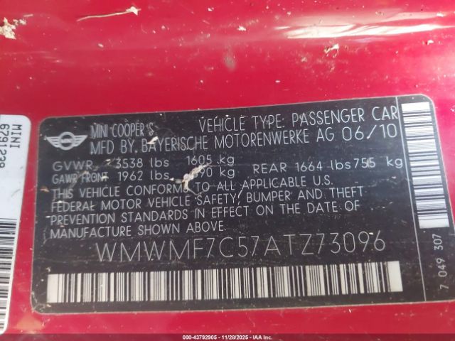 2010 MINI COOPER S WMWMF7C57ATZ73096 Photo 8