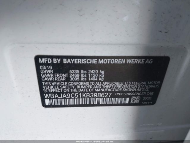 2019 BMW 530E WBAJA9C51KB398627 Photo 8