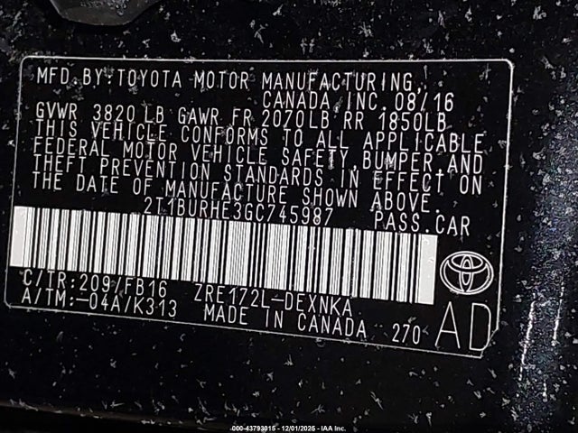 2T1BURHE3GC745987 Toyota COROLLA LE