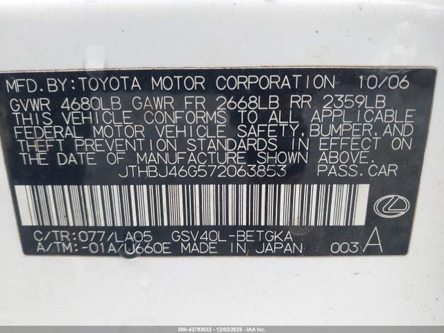 Продажа на аукционе авто 2007 Lexus Es 350, vin: JTHBJ46G572063853, номер лота: 43793032