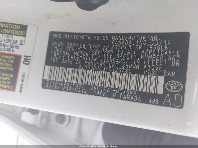 43793082 :رقم المزاد ، 2T1BURHE9EC126789 vin ، 2014 Toyota Corolla S Plus مزاد بيع