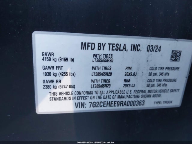 Aukcja sprzedaży 2024 Tesla Cybertruck, vin: 7G2CEHEE9RA000363, numer aukcji: 43793109