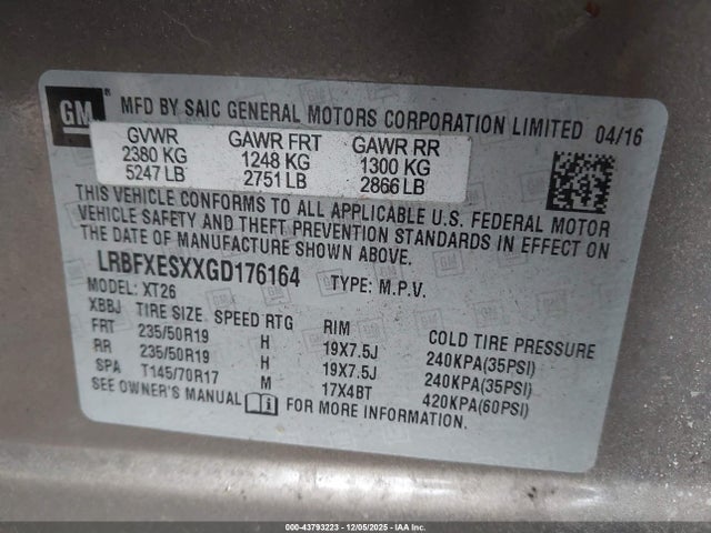 Aukcja sprzedaży 2016 Buick Envision Premium I, vin: LRBFXESXXGD176164, numer aukcji: 43793223