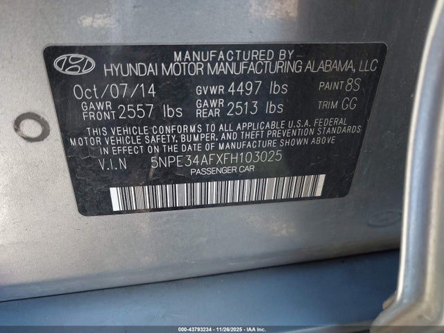 5NPE34AFXFH103025 Hyundai Sonata Limited