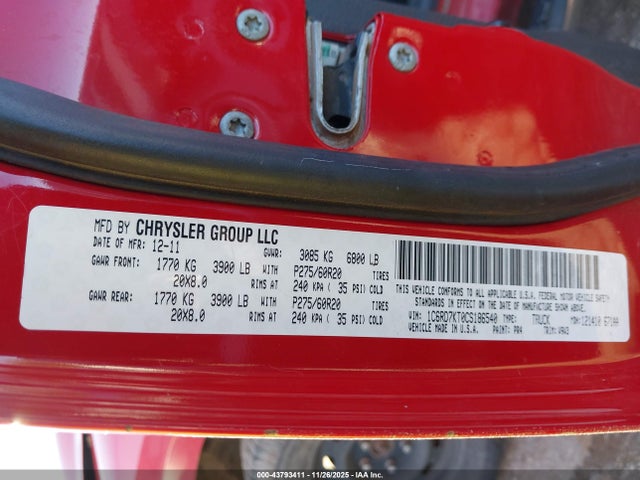 43793411 :رقم المزاد ، 1C6RD7KT0CS186540 vin ، 2012 Ram 1500 St مزاد بيع