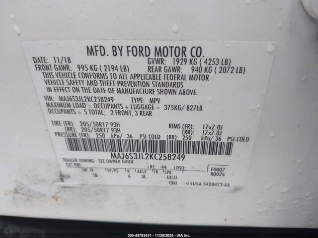 2019 Ford Ecosport Ses მანქანა იყიდება აუქციონზე, vin: MAJ6S3JL2KC258249, აუქციონის ნომერი: 43793431