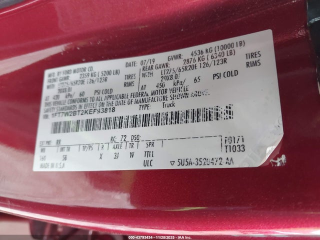 Продаж на аукціоні авто 2019 Ford F-250 Lariat, vin: 1FT7W2BT2KEF93818, номер лоту: 43793434