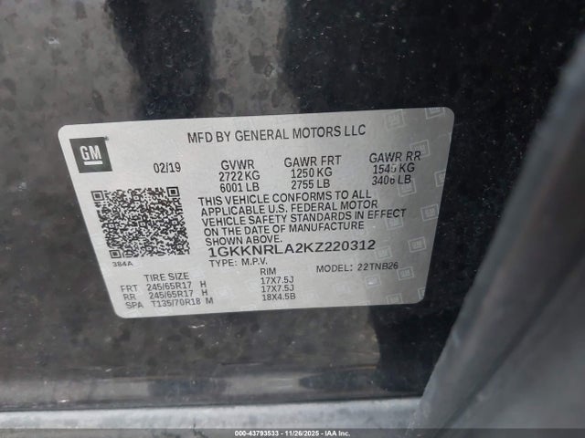 1GKKNRLA2KZ220312 GMC Acadia Sle-1