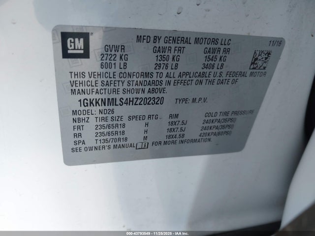 Aukcja sprzedaży 2017 Gmc Acadia Slt-1, vin: 1GKKNMLS4HZ202320, numer aukcji: 43793549