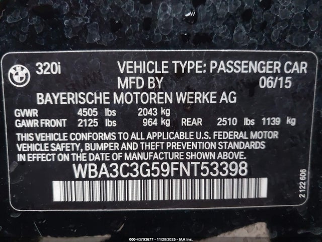 Aukcja sprzedaży 2015 Bmw 320i Xdrive, vin: WBA3C3G59FNT53398, numer aukcji: 43793677