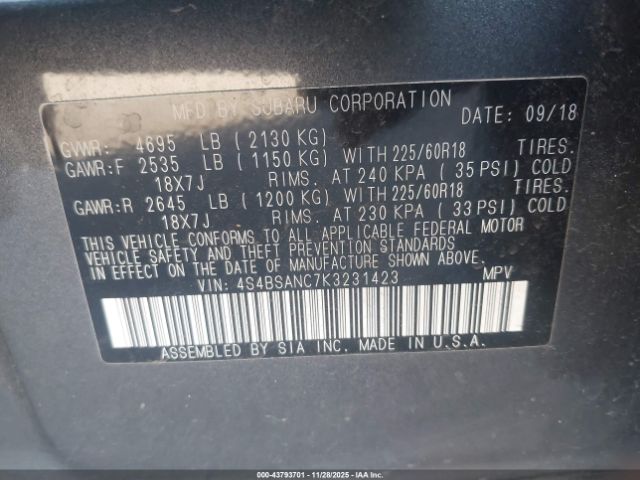 2019 SUBARU OUTBACK 4S4BSANC7K3231423 Photo 8
