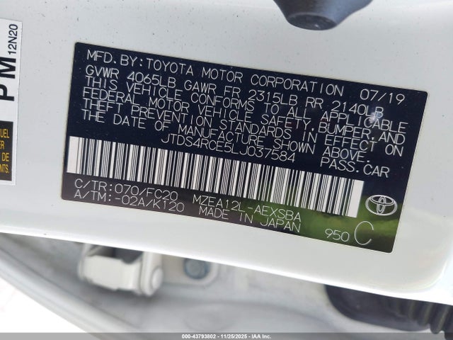 Aukcja sprzedaży 2020 Toyota Corolla Se, vin: JTDS4RCE5LJ037584, numer aukcji: 43793802