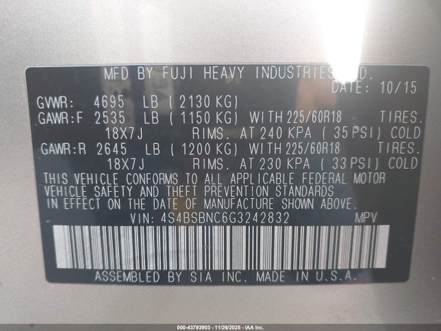 Aukcja sprzedaży 2016 Subaru Outback 2.5i Limited, vin: 4S4BSBNC6G3242832, numer aukcji: 43793903