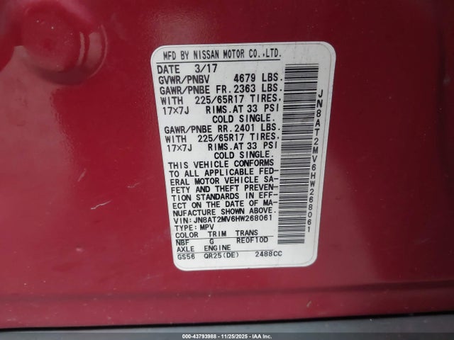 2017 Nissan Rogue Sv მანქანა იყიდება აუქციონზე, vin: JN8AT2MV6HW268061, აუქციონის ნომერი: 43793988