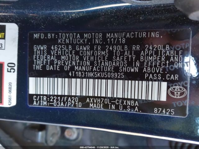 2019 TOYOTA CAMRY HYBRID 4T1B31HK5KU509925 Photo 8