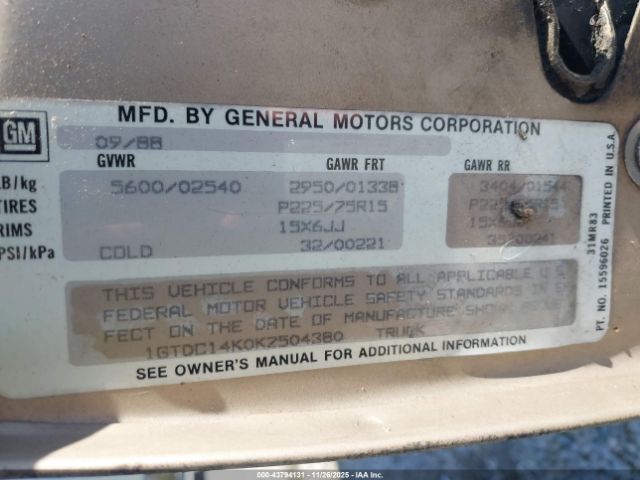 1989 GMC SIERRA 1GTDC14K0KZ504380 Photo 8