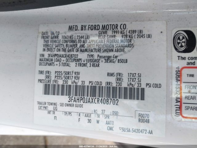 2012 FORD FUSION 3FAHP0JAXCR408702 Photo 8