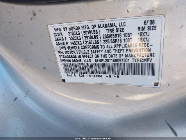 Продаж на аукціоні авто 2008 Honda Odyssey Ex-l, vin: 5FNRL38718B097501, номер лоту: 43794373