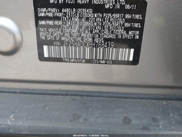 Aukcja sprzedaży 2011 Subaru Forester 2.5x Premium, vin: JF2SHADCXBH768439, numer aukcji: 43794374