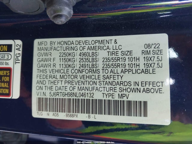 5J6RT6H98NL046132 Honda Cr-v Hybrid Touring