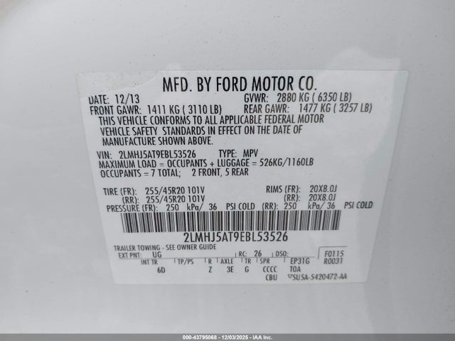 Aukcja sprzedaży 2014 Lincoln Mkt Ecoboost, vin: 2LMHJ5AT9EBL53526, numer aukcji: 43795068