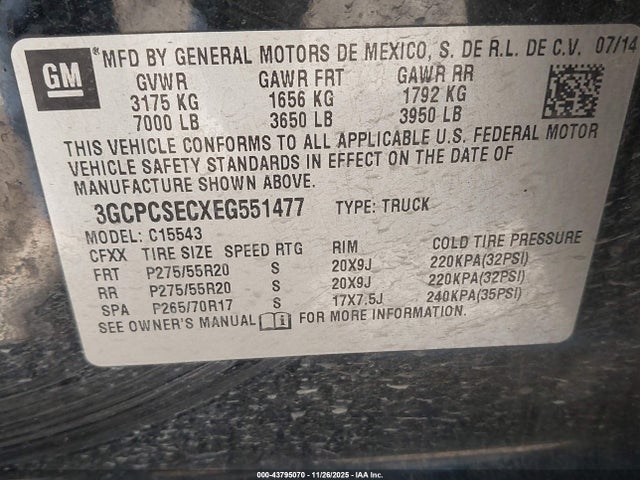 Auction sale of the 2014 Chevrolet Silverado 1500 1lz, vin: 3GCPCSECXEG551477, lot number: 43795070