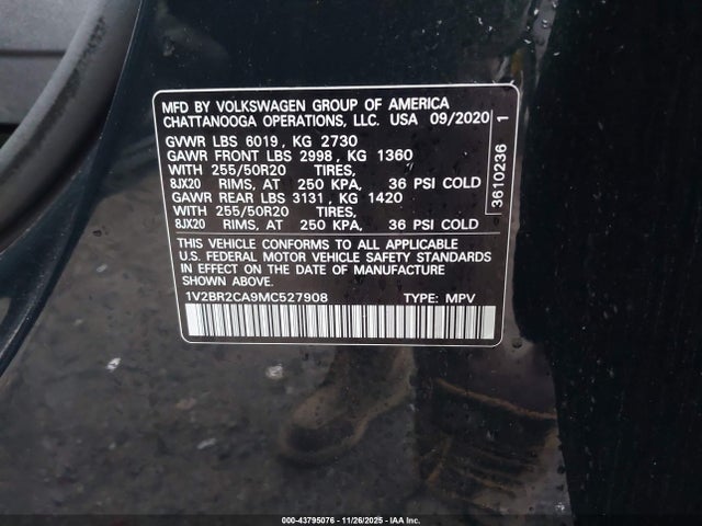 Aukcja sprzedaży 2021 Volkswagen Atlas 3.6l V6 Sel, vin: 1V2BR2CA9MC527908, numer aukcji: 43795076