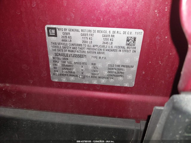 Продажа на аукционе авто 2018 Chevrolet Equinox Lt, vin: 3GNAXJEV1JS558371, номер лота: 43795105