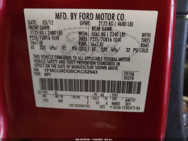 2012 FORD ESCAPE 1FMCU9DG5CKC52943 Photo 8