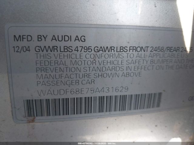 2005 AUDI A4 WAUDF68E75A431629 Photo 8