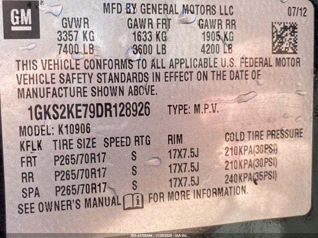 43795364 :رقم المزاد ، 1GKS2KE79DR128926 vin ، 2013 Gmc Yukon Xl 1500 Slt مزاد بيع