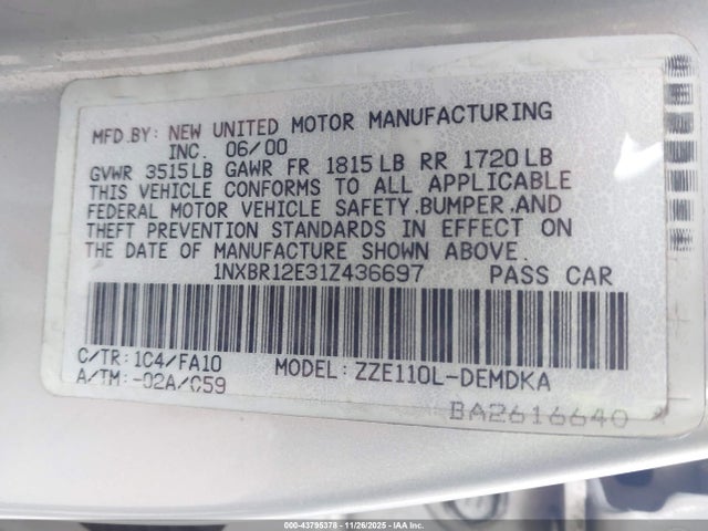 2001 TOYOTA COROLLA 1NXBR12E31Z436697 Photo 8