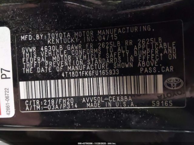 2015 TOYOTA CAMRY HYBRID 4T1BD1FK6FU165933 Photo 8