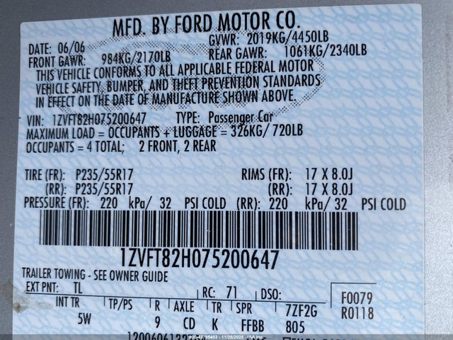 43795403 :رقم المزاد ، 1ZVFT82H075200647 vin ، 2007 Ford Mustang Gt Deluxe/gt Premium مزاد بيع