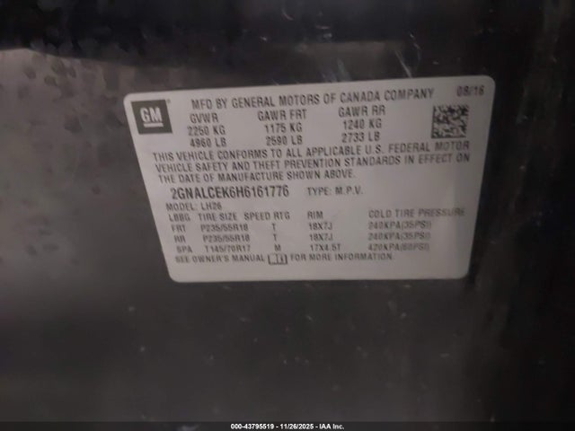 Aukcja sprzedaży 2017 Chevrolet Equinox Lt, vin: 2GNALCEK6H6161776, numer aukcji: 43795519
