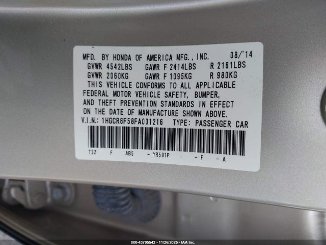 1HGCR6F58FA001216 Honda Accord Hybrid Ex-l