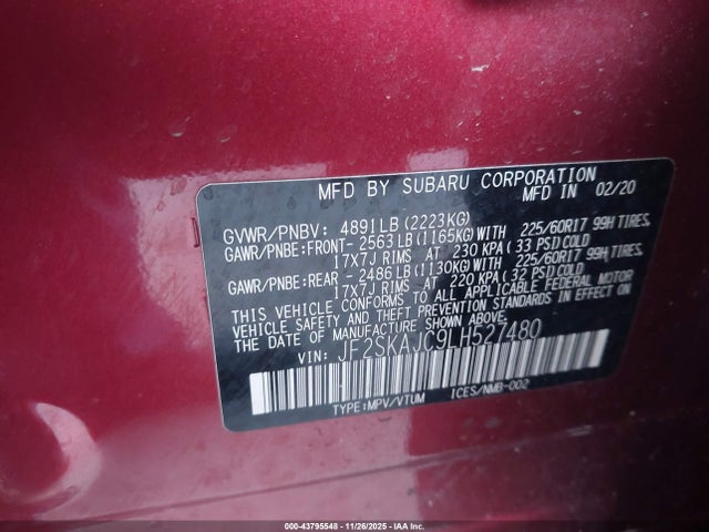 43795548 :رقم المزاد ، JF2SKAJC9LH527480 vin ، 2020 Subaru Forester Premium مزاد بيع