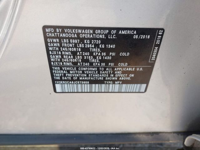 2018 VOLKSWAGEN ATLAS 1V2KR2CA6JC573658 Photo 8