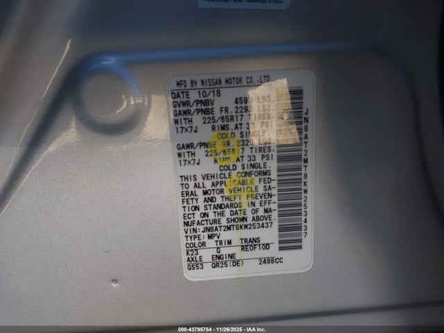 Продажа на аукционе авто 2019 Nissan Rogue Sv, vin: JN8AT2MT8KW253437, номер лота: 43795754
