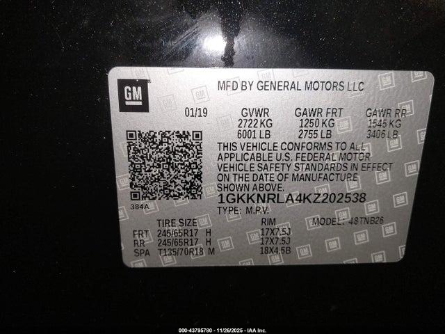 Продажа на аукционе авто 2019 Gmc Acadia Sle-1, vin: 1GKKNRLA4KZ202538, номер лота: 43795780