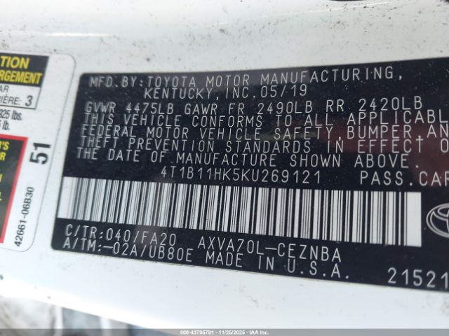 2019 TOYOTA CAMRY 4T1B11HK5KU269121 Photo 8