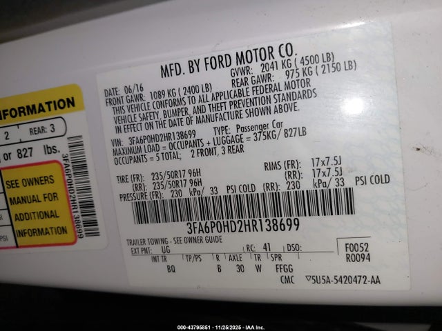 Продаж на аукціоні авто 2017 Ford Fusion Se, vin: 3FA6P0HD2HR138699, номер лоту: 43795851