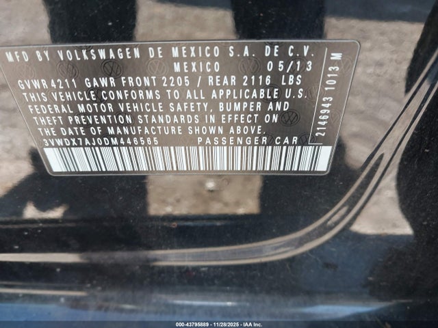 Aukcja sprzedaży 2013 Volkswagen Jetta 2.5l Se, vin: 3VWDX7AJ0DM446565, numer aukcji: 43795889