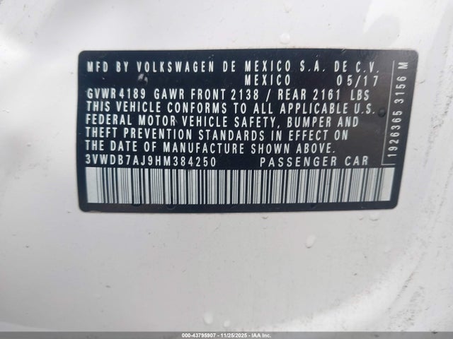 Продажа на аукционе авто 2017 Volkswagen Jetta 1.4t Se, vin: 3VWDB7AJ9HM384250, номер лота: 43795907