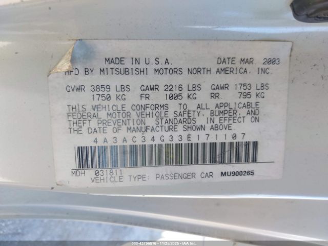 2003 MITSUBISHI ECLIPSE 4A3AC34G33E171107 Photo 8