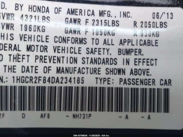 2013 HONDA ACCORD SDN 1HGCR2F84DA234185 Photo 8