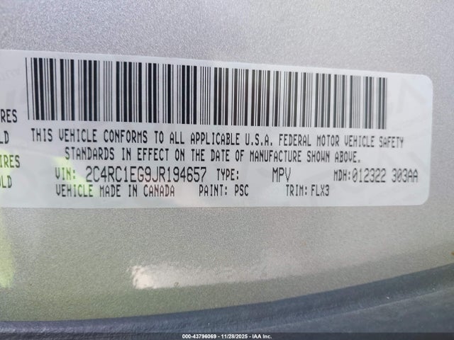 43796069 :رقم المزاد ، 2C4RC1EG9JR194657 vin ، 2018 Chrysler Pacifica Touring L Plus مزاد بيع