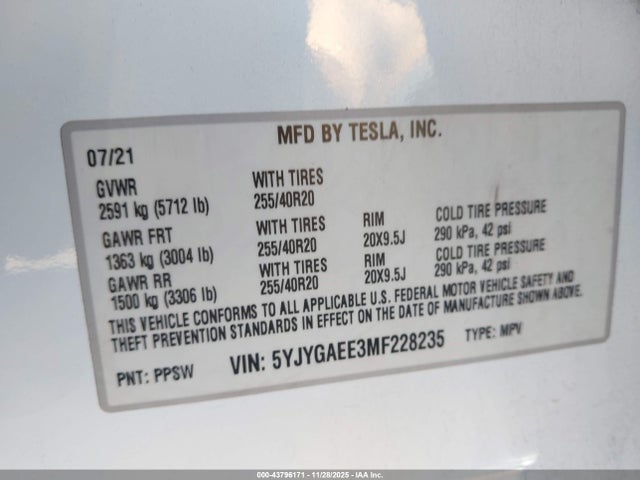 2021 TESLA MODEL Y 5YJYGAEE3MF228235 Photo 8
