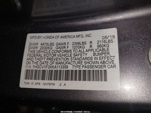1HGCV1F3XKA113359 Honda Accord